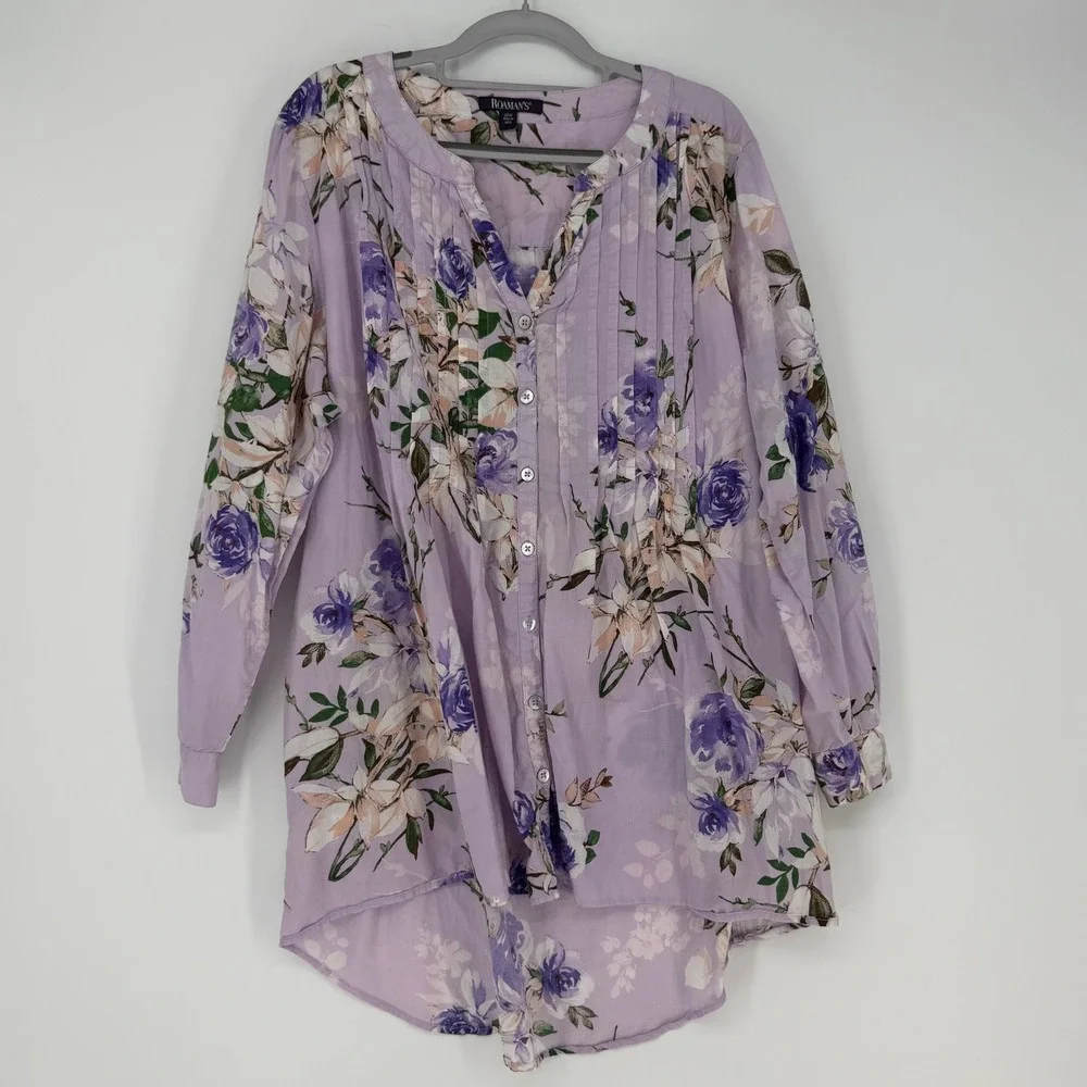 Roaman's Tunic Blouse Womens 22W Lavender Floral Pintuck Cotton Boho Botanical - Picture 1 of 7